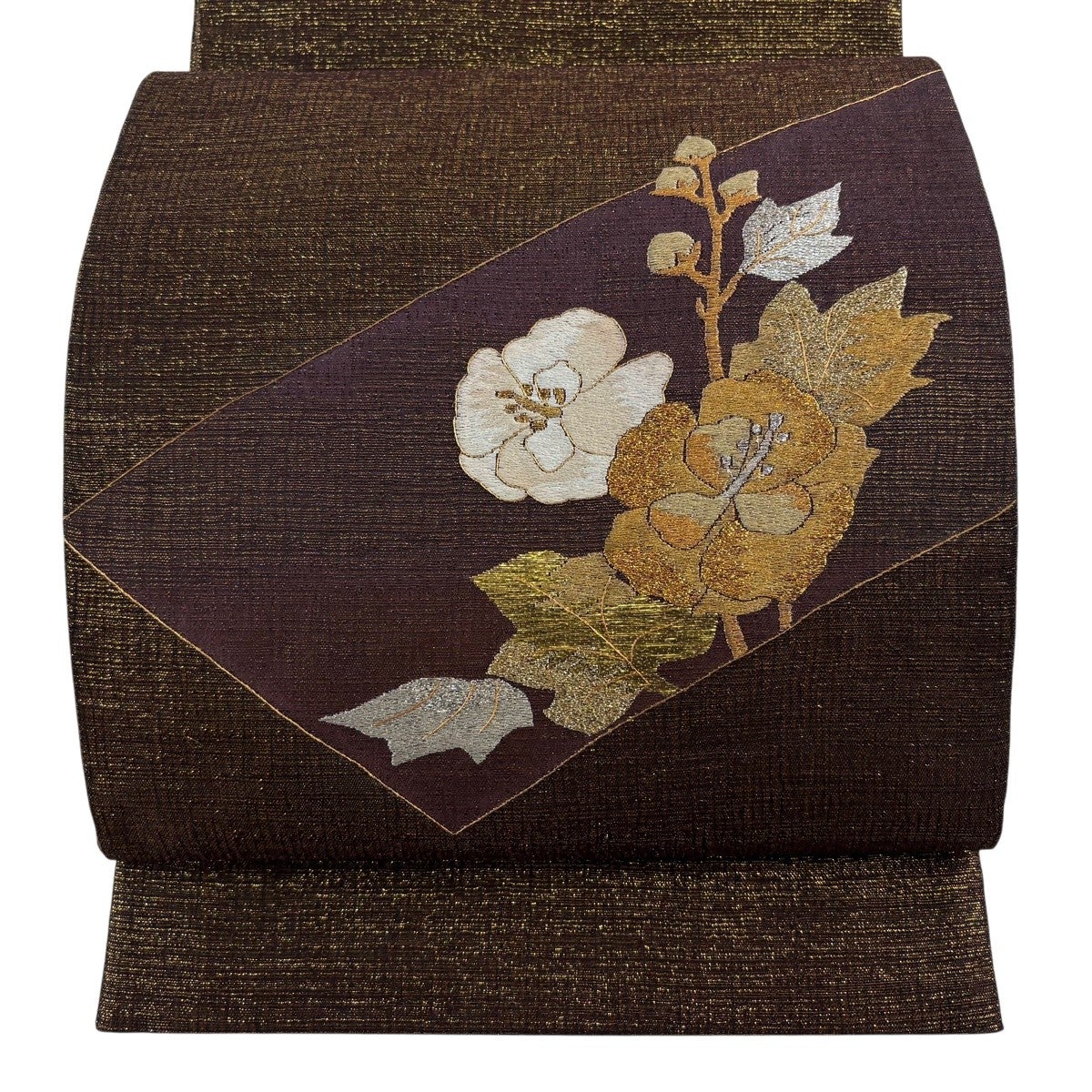 美品】 袋帯 秀品 草花 枝花 刺繍 箔 焦茶色 お太鼓柄 正絹｜中古