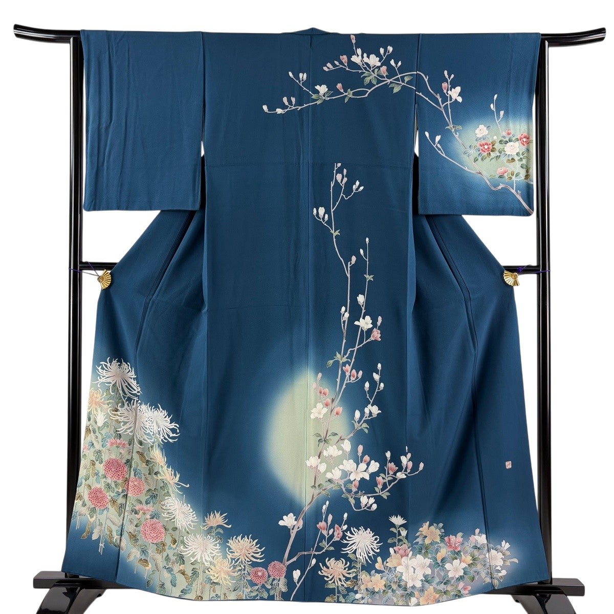訪問着 身丈168cm 裄丈68cm L 袷 草花 萩 金彩 ぼかし 青緑 正絹 秀品