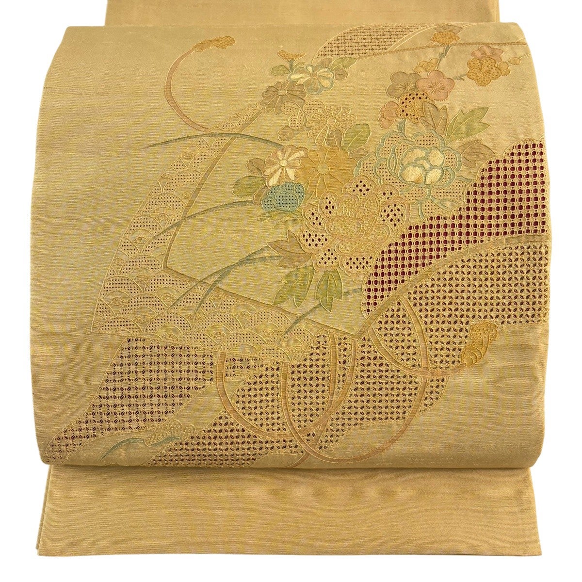 美品】 袋帯 秀品 華文 華唐草 金彩 刺繍 ベージュ お太鼓柄 正絹