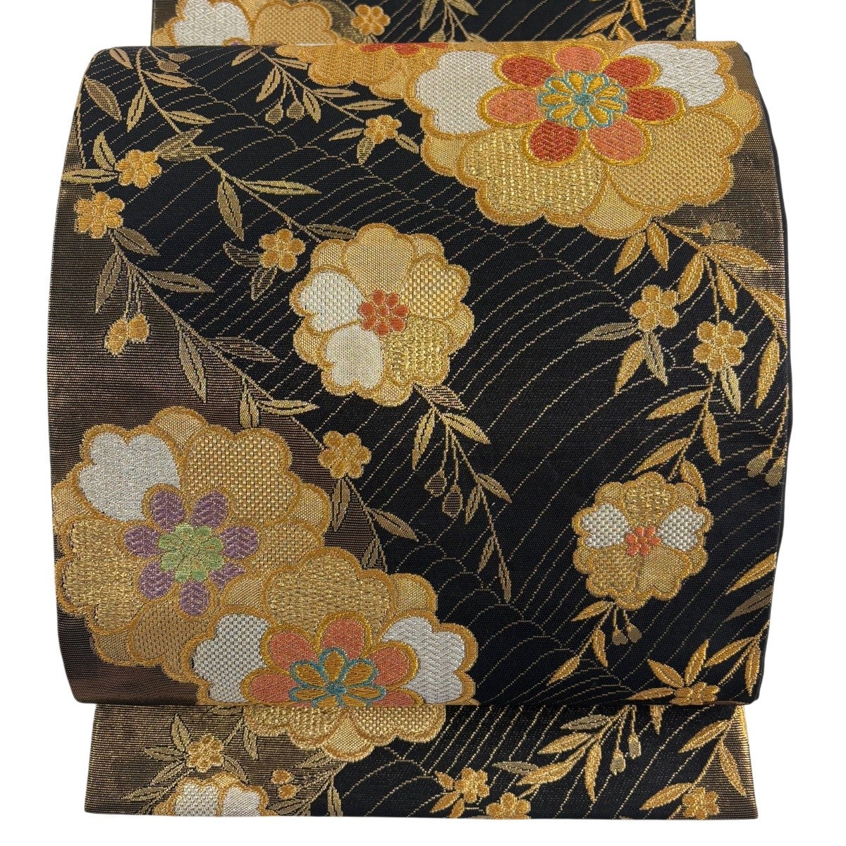 袋帯 秀品 桜 波頭 金糸 唐織 黒 六通 正絹｜中古・古着・リサイクル