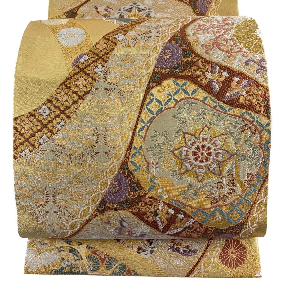 美品】 袋帯 秀品 関西仕立て 華文 花鳥 金糸 箔 金色 六通 正絹｜中古