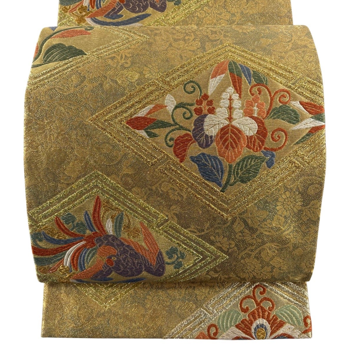 袋帯 秀品 七宝桐鉄線文 七宝 草花 唐織 箔 茶色 六通 正絹｜中古