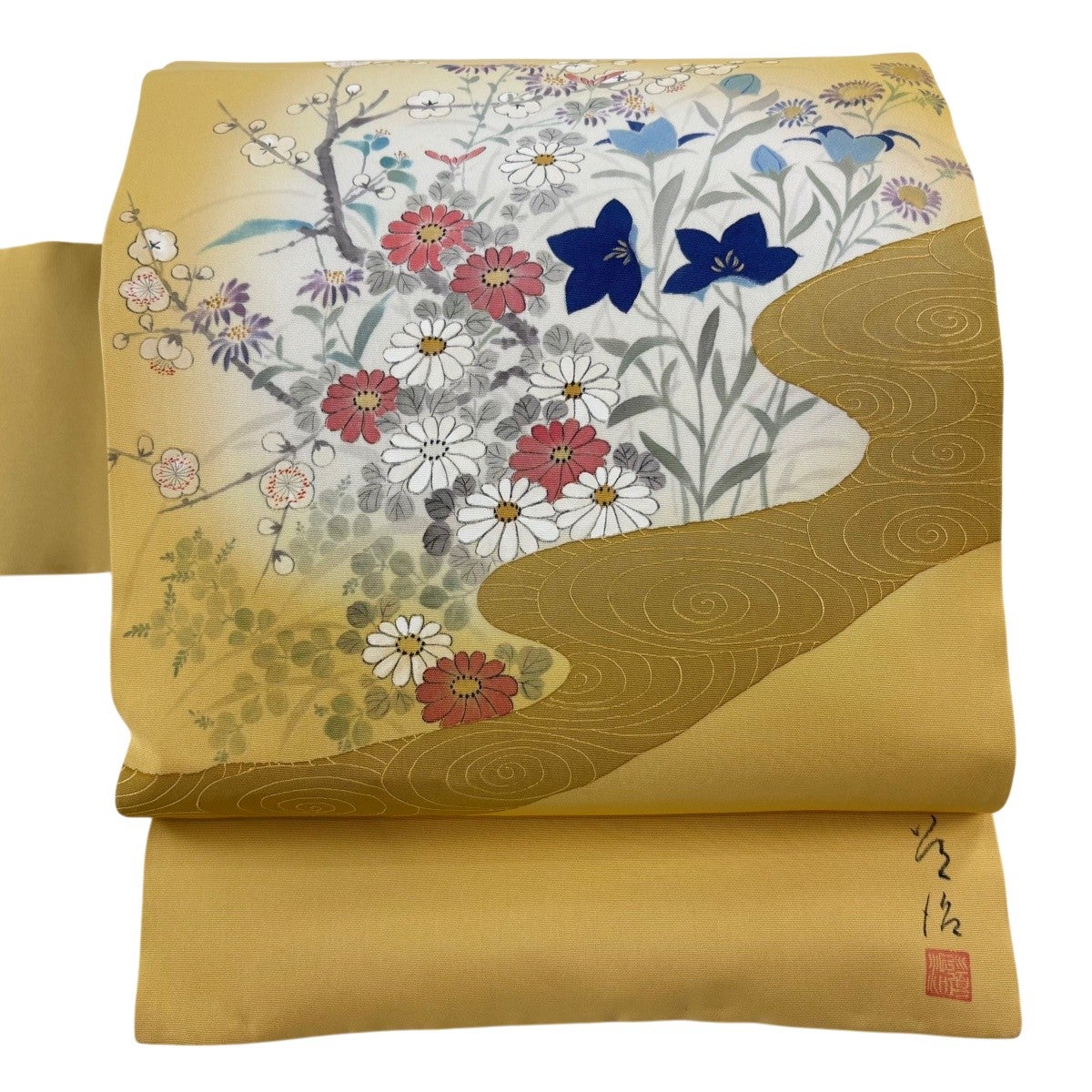 美品】 名古屋帯 秀品 落款あり 秋草 流水 金彩 ぼかし 黄色 正絹