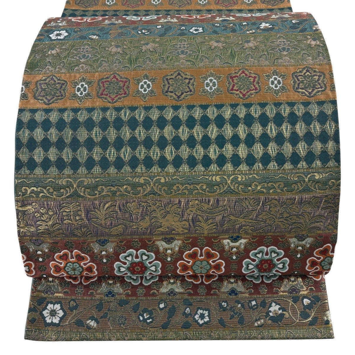 【美品】袋帯 両面柄 六通 青緑 キラキラ 花鳥 袋帯 秀品 関西仕立て 花鳥 華文 金銀糸 箔 緑 六通 正絹｜中古・古着