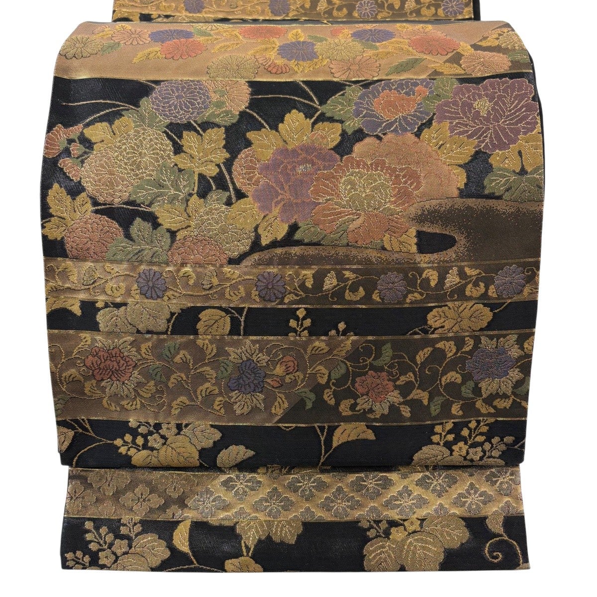 美品】 名古屋帯 秀品 八寸名古屋帯 松葉仕立て 草花 箔 黒 正絹｜中古