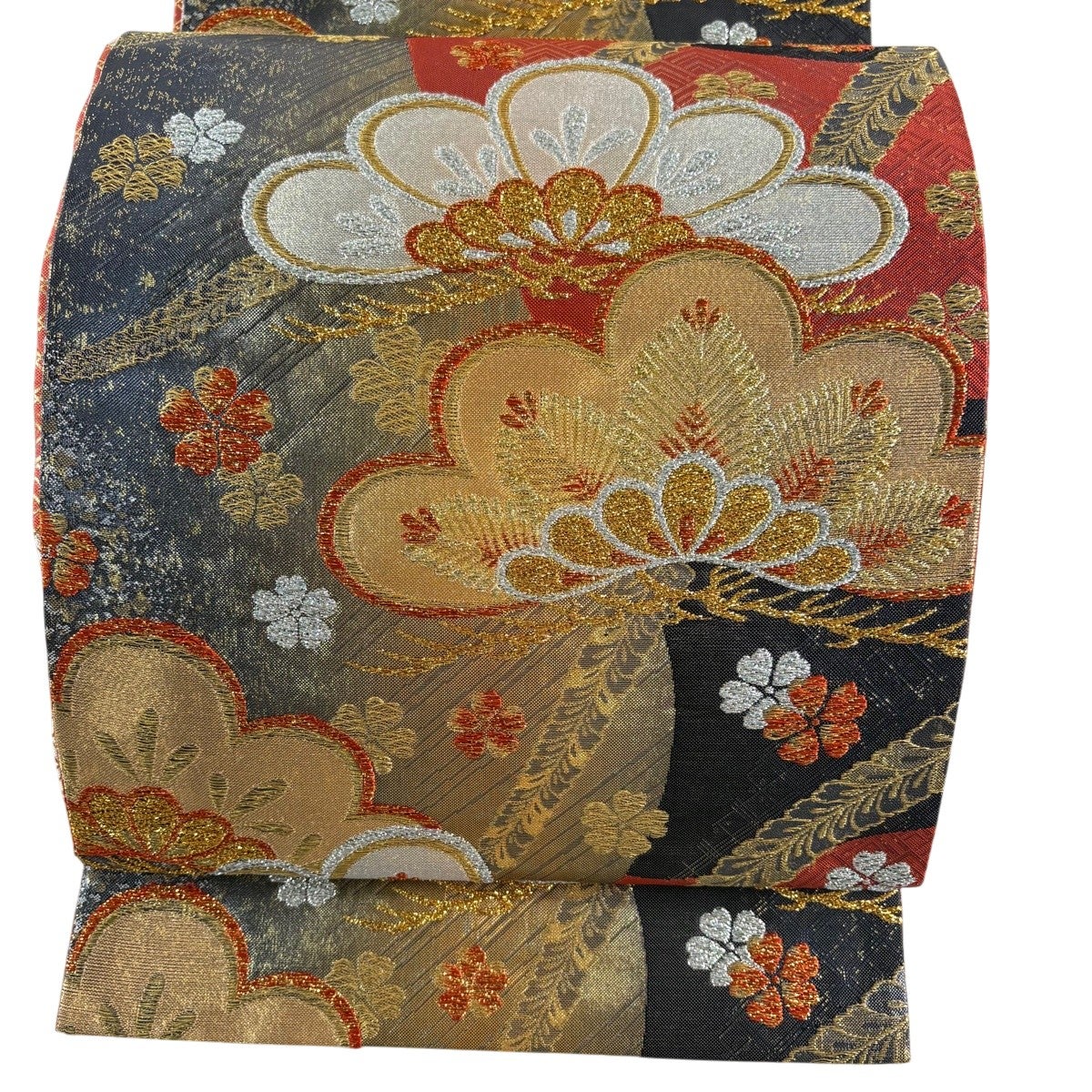 競ナビ】 袋帯 美品 秀品 松竹梅 金糸 青灰色 全通 正絹 【中古】 袋帯