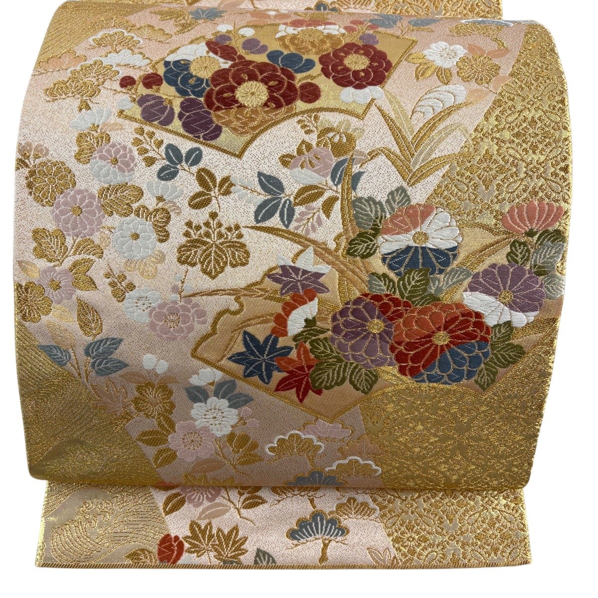 美品】 袋帯 秀品 じゅらく 落款あり 伯仙錦 扇 梅 金銀糸 箔 金色 六