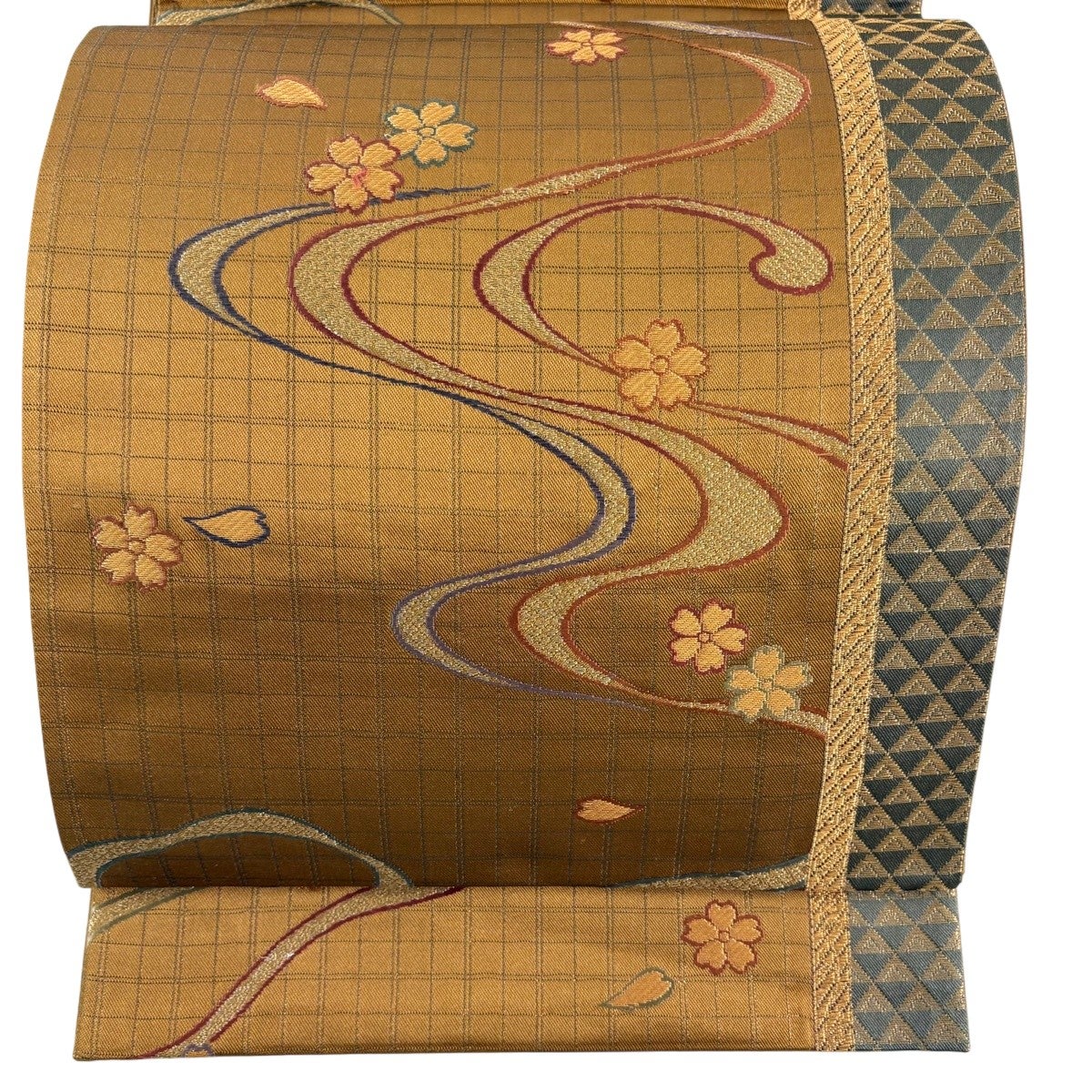 美品】 袋帯 秀品 花筏 流水 金糸 箔 金色 六通 正絹｜中古・古着