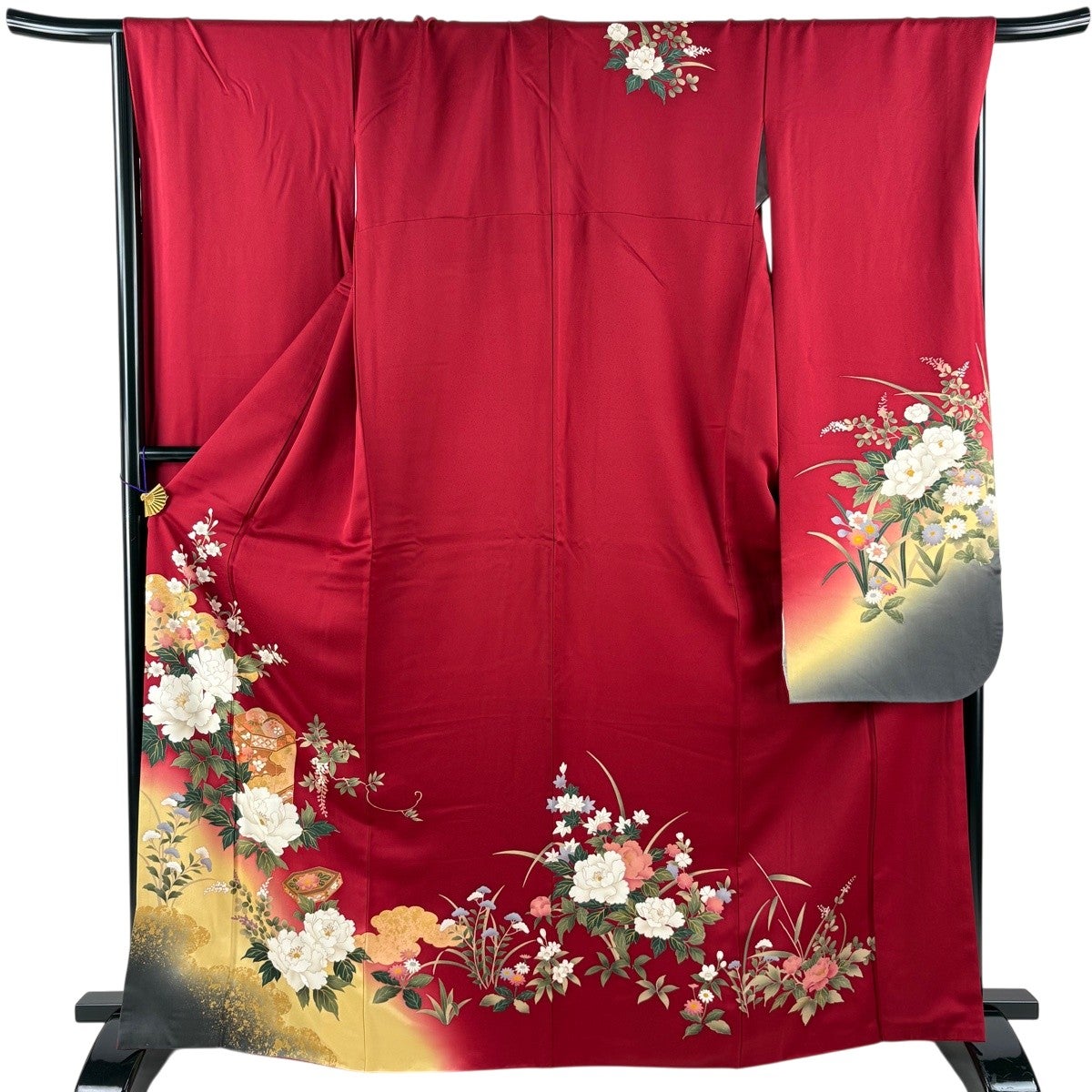 美品】赤の振袖 蝶と花の刺繍158cm 振袖 身丈158cm 裄丈
