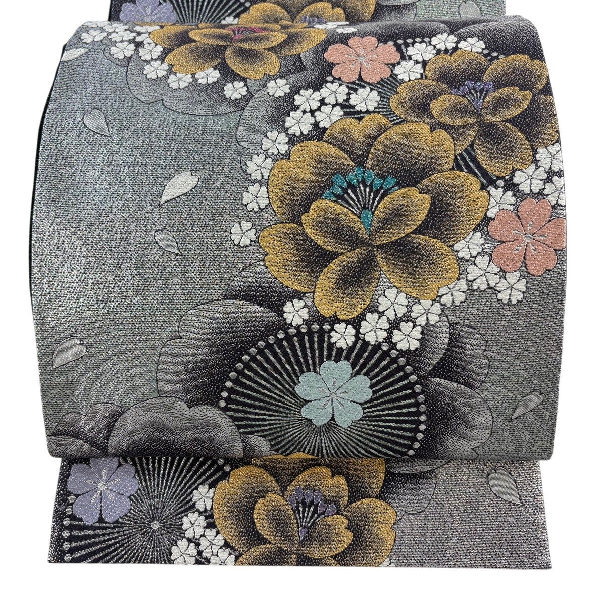 ◆未使用美品◆袋帯 桜ドロップ グレージュ 銀泊 正絹 訪問着 小紋 お花見 美品】 袋帯 秀品 振袖向き 桜 花びら 銀色 六通 正絹｜中古・古着