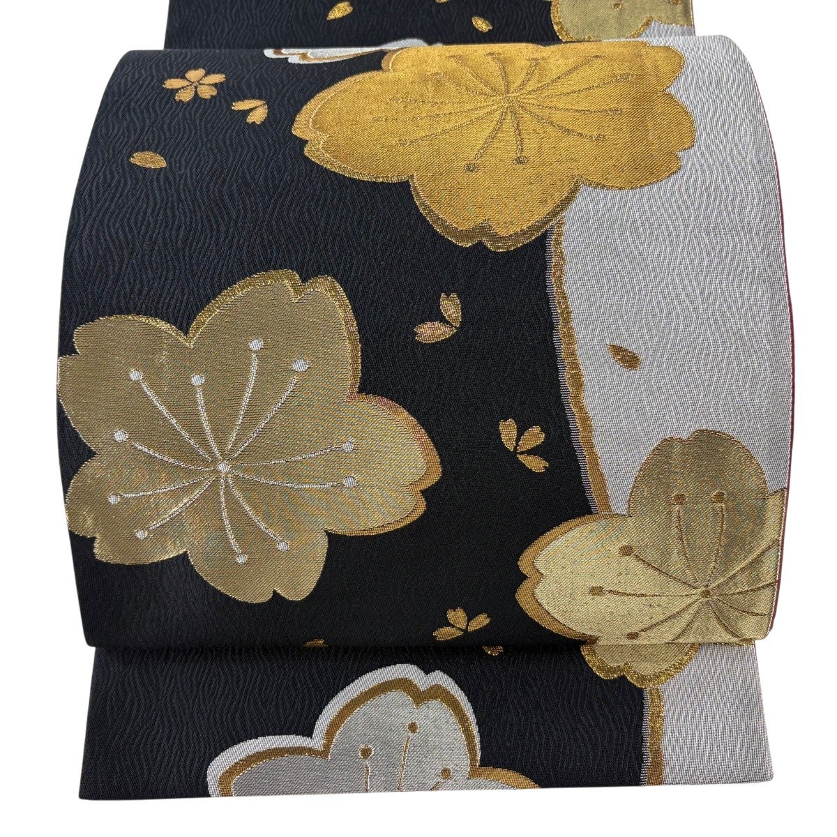美品】 袋帯 秀品 振袖向き 桜 花びら 銀色 六通 正絹｜中古・古着