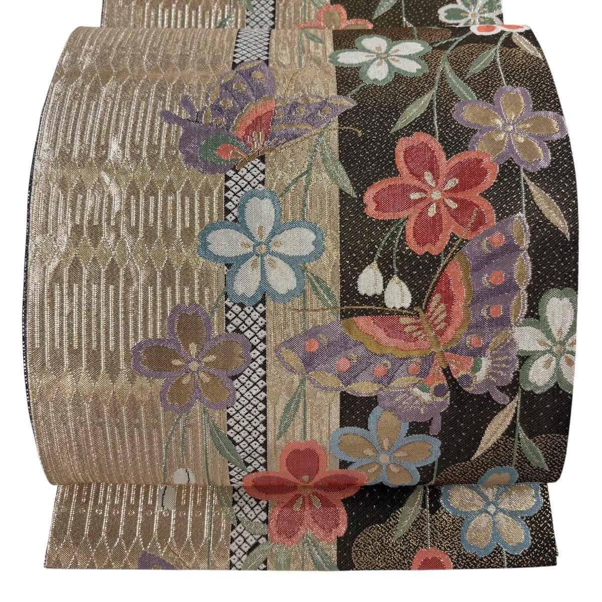 美品】 袋帯 秀品 桜 蝶 唐織 金糸 ピンク 六通 正絹｜中古・古着