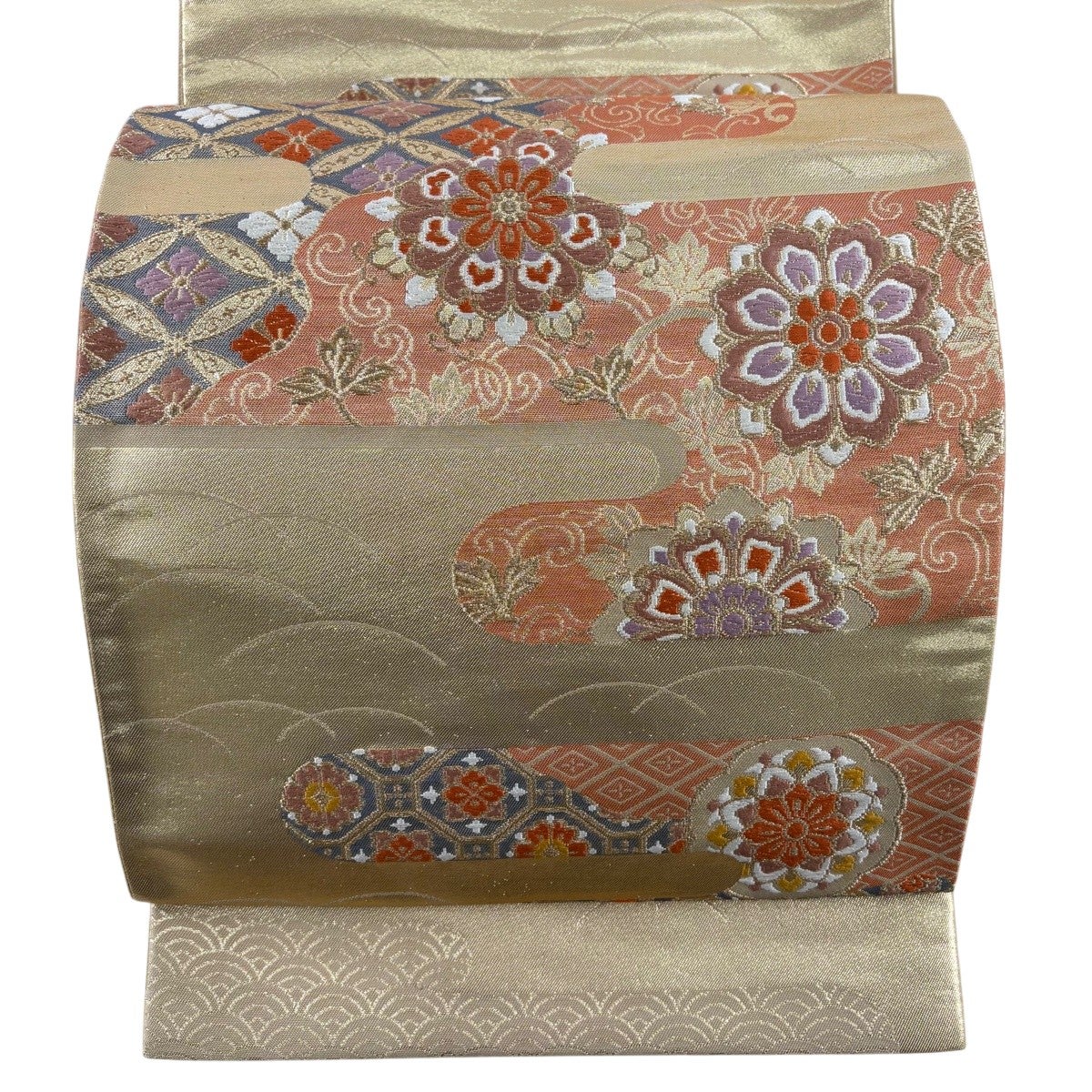美品】 袋帯 秀品 草花 ヱ霞 金糸 箔 茶緑色 六通 正絹｜中古・古着