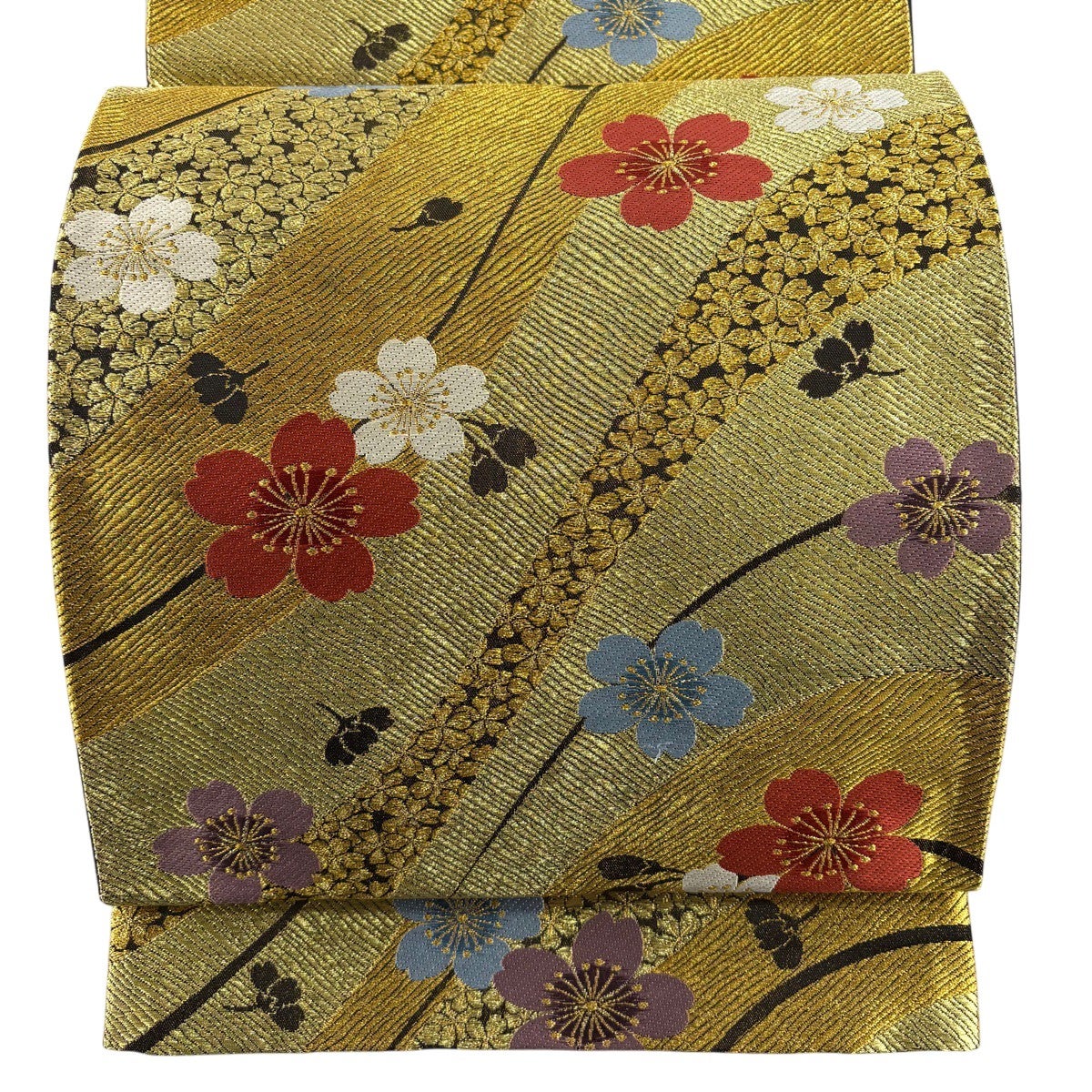 美品】 袋帯 秀品 花車 段縞 金糸 刺繍 薄茶色 六通 正絹｜中古・古着