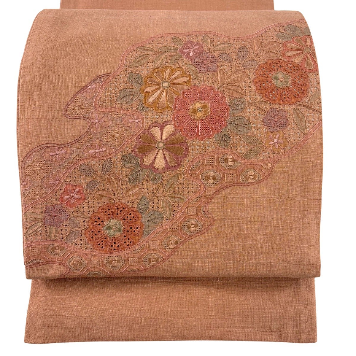 袋帯 秀品 草花 枝花 薄ピンク お太鼓柄 正絹｜中古・古着・リサイクル