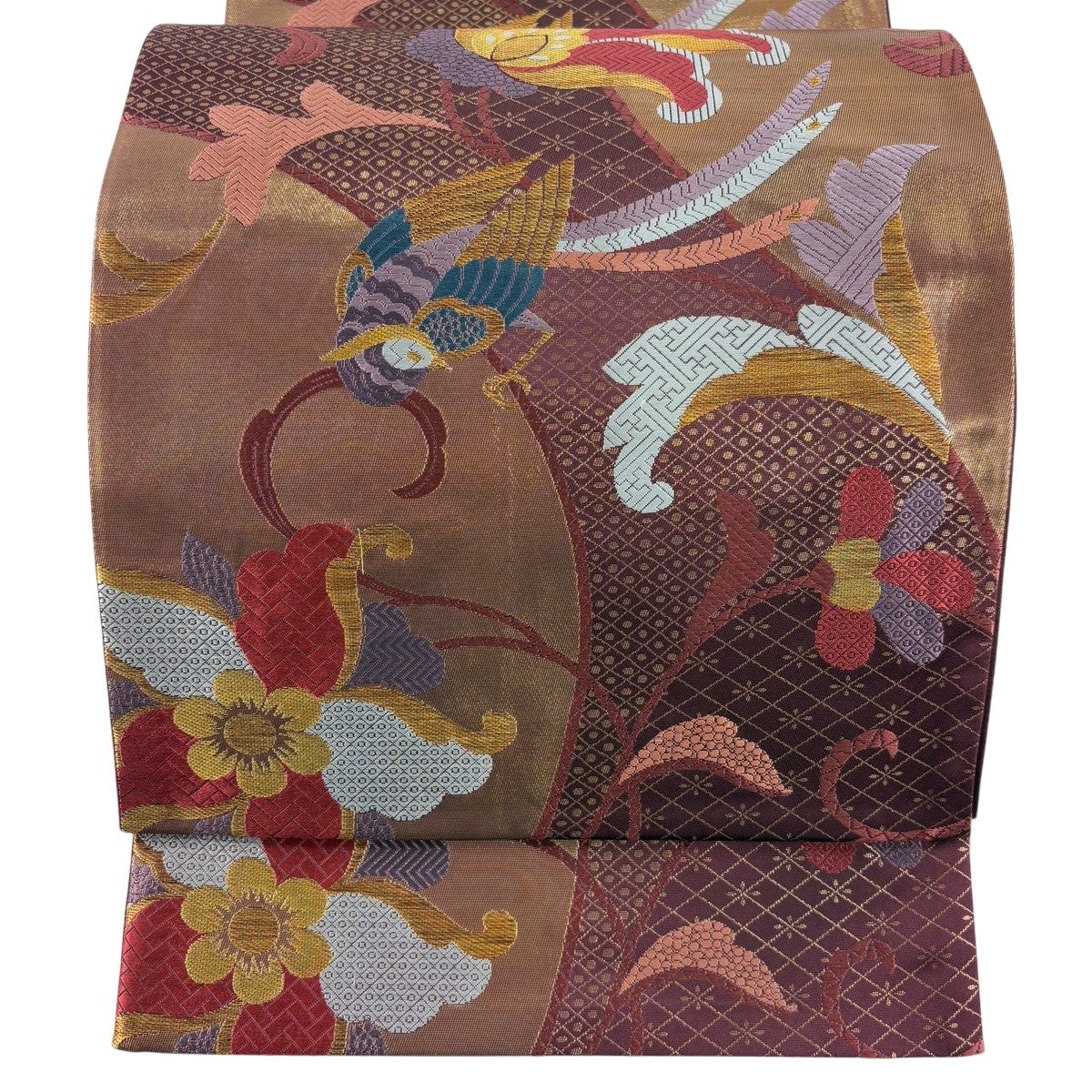 袋帯 秀品 鳳凰 花唐草 金糸 唐織 金色 六通 正絹｜中古・古着