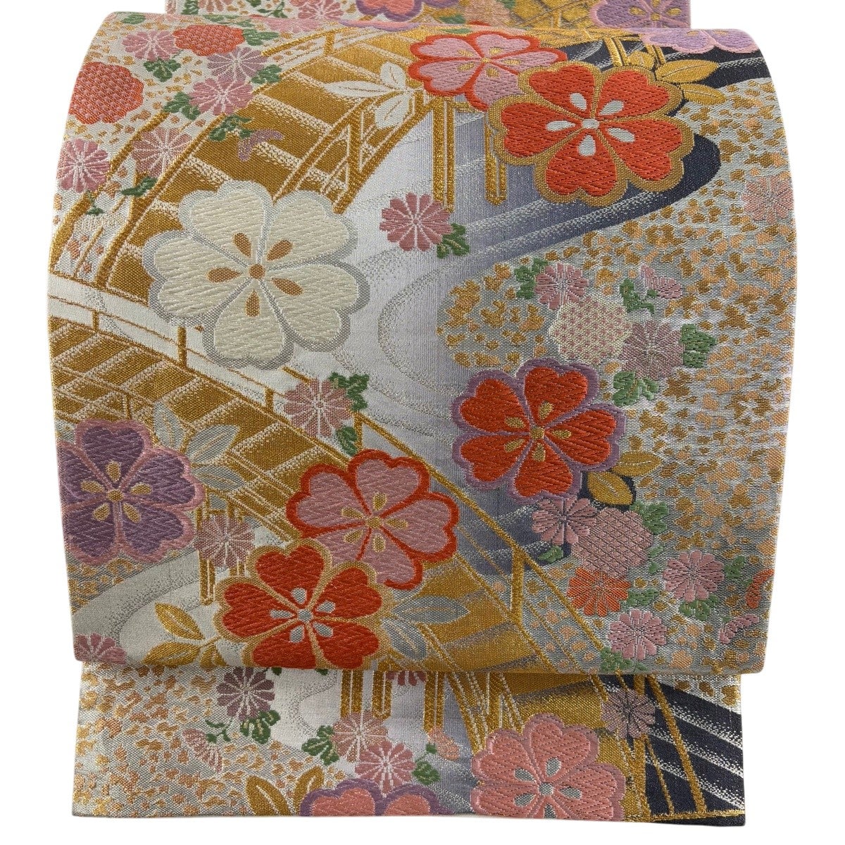美品】 袋帯 秀品 花唐草 唐織 箔 灰茶 六通 正絹｜中古・古着
