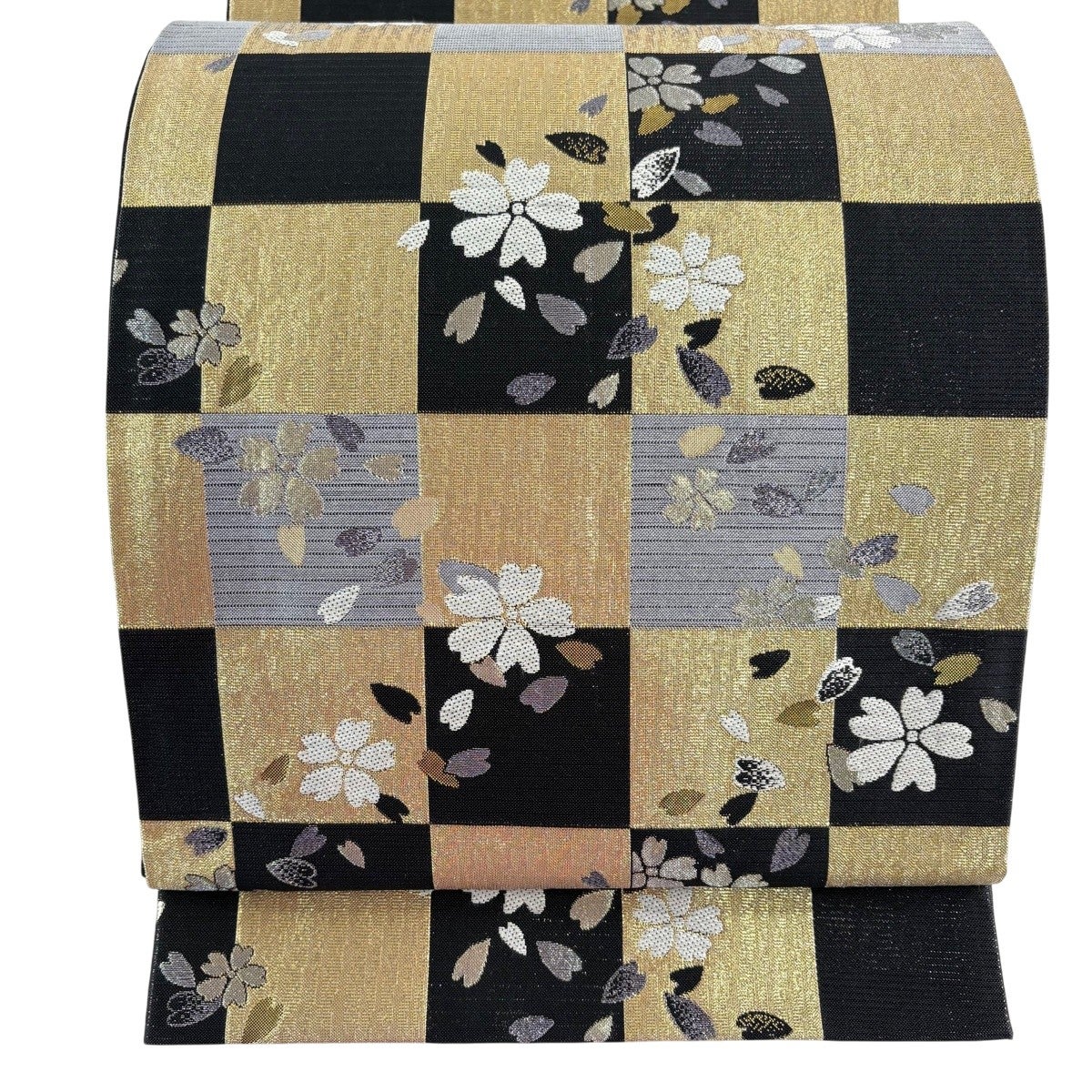 美品】 袋帯 秀品 桜 変わり市松 銀糸 箔 黒 六通 正絹｜中古・古着