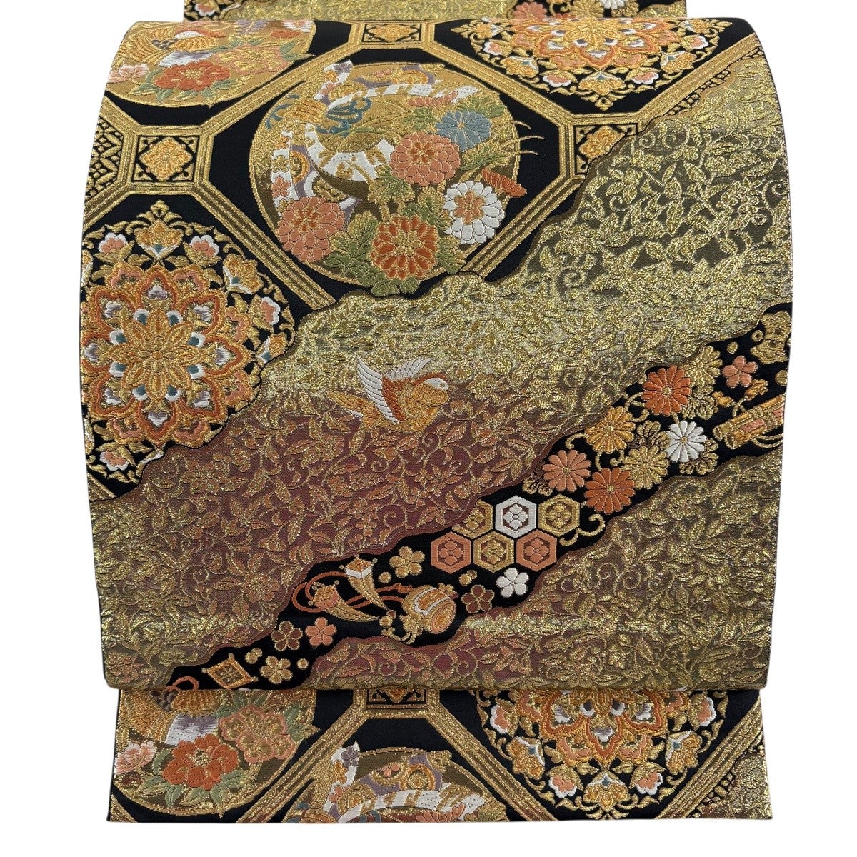 袋帯 六通 正絹 箔 華文 秀品 中古 美品 金銀糸 金糸 金色 菊 横段