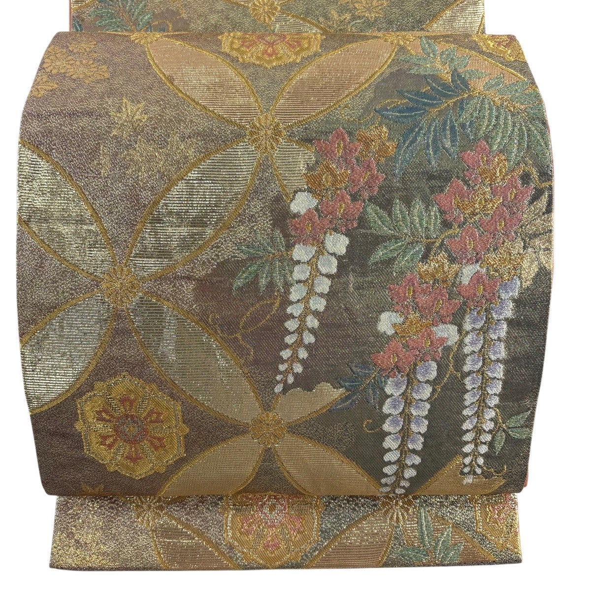 美品】 袋帯 秀品 華文 七宝 箔 金糸 金色 六通 正絹｜中古・古着