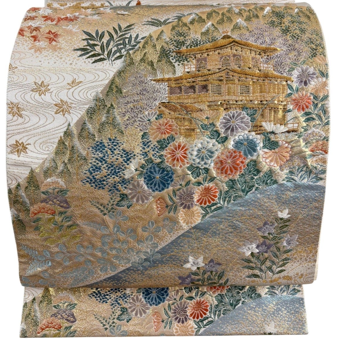 袋帯　正絹　金閣寺風景模様織出し　 袋帯 秀品 金閣寺 秋草 金糸 箔 クリーム 六通 正絹｜中古・古着