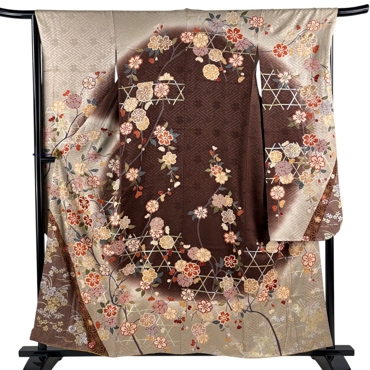 振袖 身丈157cm 裄丈66.5cm M 袷 鈴乃屋 桜 梅 金糸 金銀彩 焦茶色