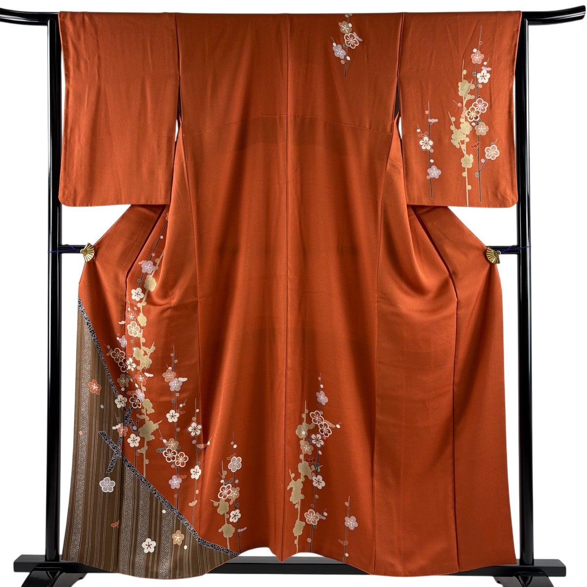 訪問着 身丈157cm 裄丈64.5cm M 袷 枝梅 縦縞 金彩 赤茶 正絹 秀品