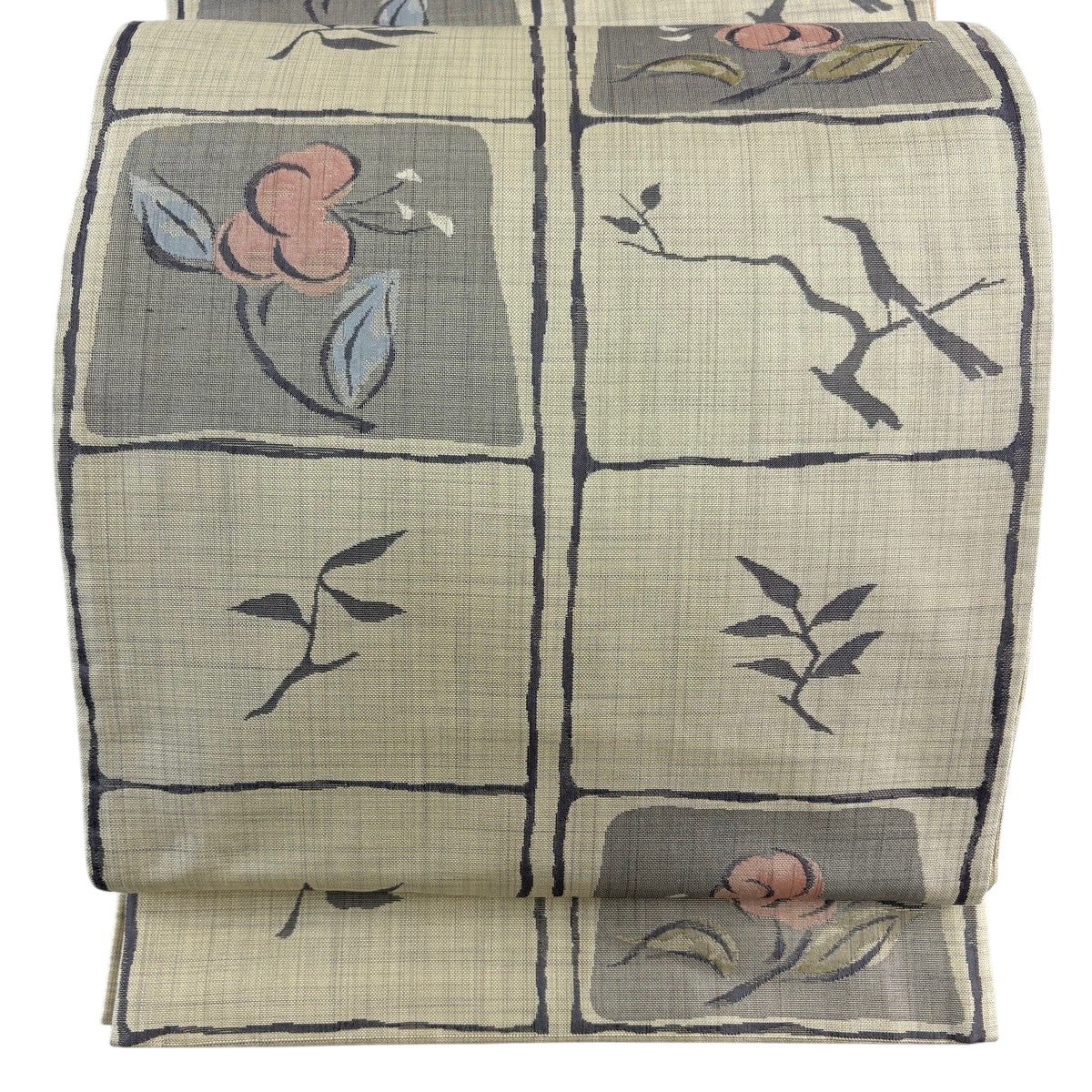 袋帯　正絹 袋帯 秀品 関西仕立て 枝花 鳥 ベージュ 六通 正絹｜中古・古着