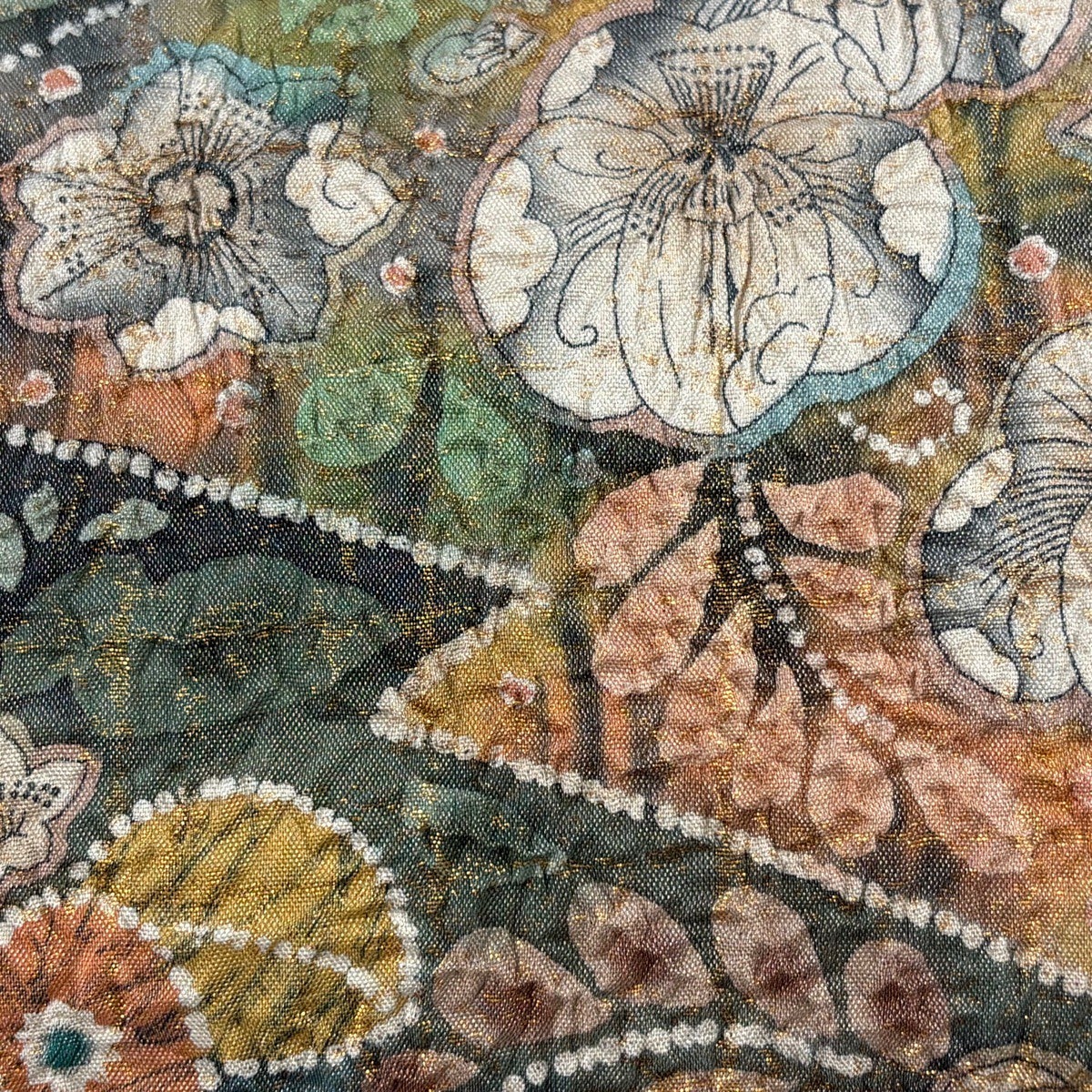 袋帯 秀品 辻が花 銀糸 箔 灰緑 お太鼓柄 正絹｜中古・古着