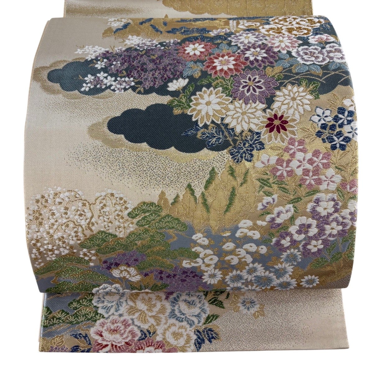 袋帯 秀品 蝶 草花 金糸 箔 濃紫 お太鼓柄 正絹｜中古・古着