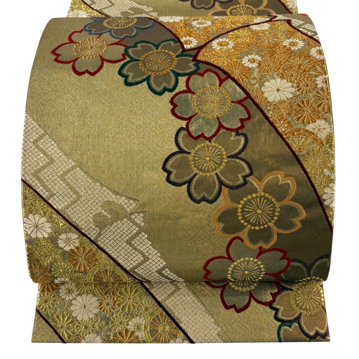 袋帯 秀品 鈴乃屋 桜 花唐草 金糸 箔 金茶 六通 正絹｜中古・古着