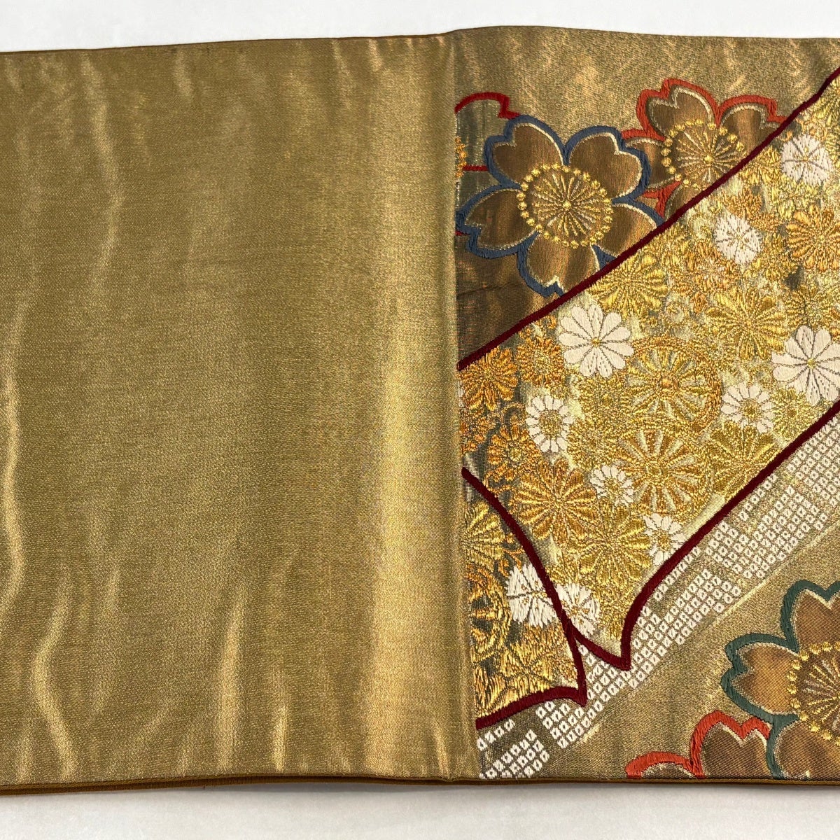 袋帯 秀品 鈴乃屋 桜 花唐草 金糸 箔 金茶 六通 正絹｜中古・古着