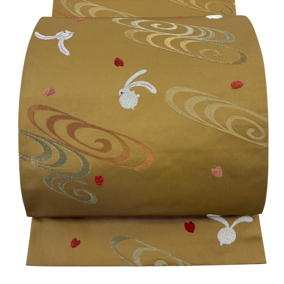 専用帯9611 ●高級 正絹 ひし帯 六通 袋帯 兎 美品】 袋帯 名品 うさぎ 観世水 黄土色 六通 正絹｜中古・古着