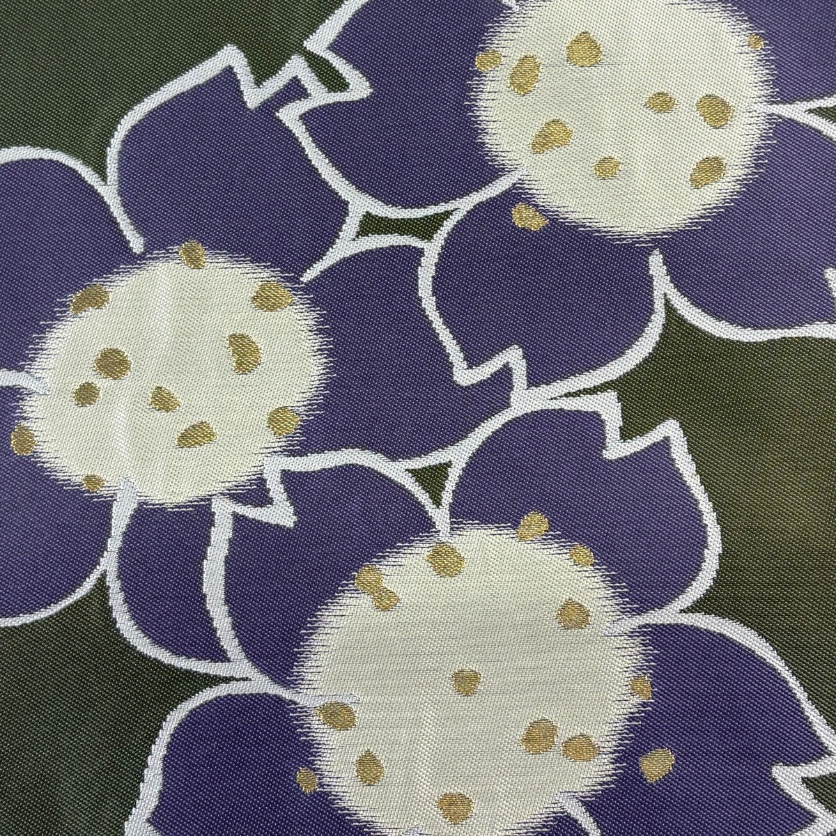 袋帯　ジュサブロー　抽象模様　金糸　銀糸　着物　091a p 袋帯 名品 辻村ジュサブロー 落款あり 桜 金糸 茶緑色 六通 正絹｜中古