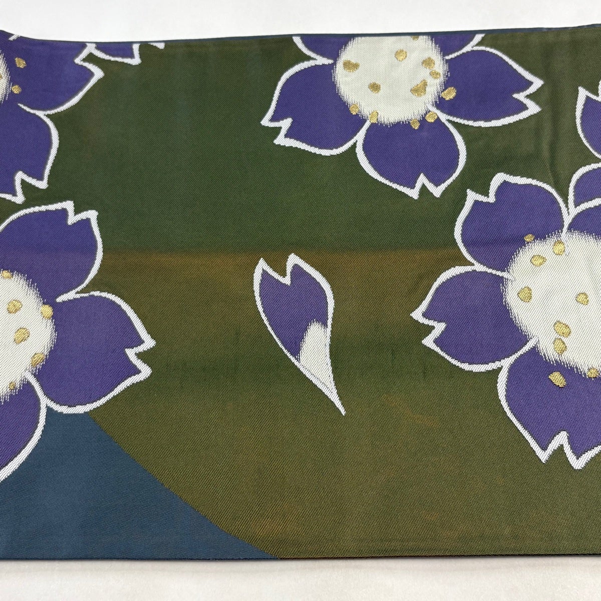 袋帯 名品 辻村ジュサブロー 落款あり 桜 金糸 茶緑色 六通 正絹｜中古