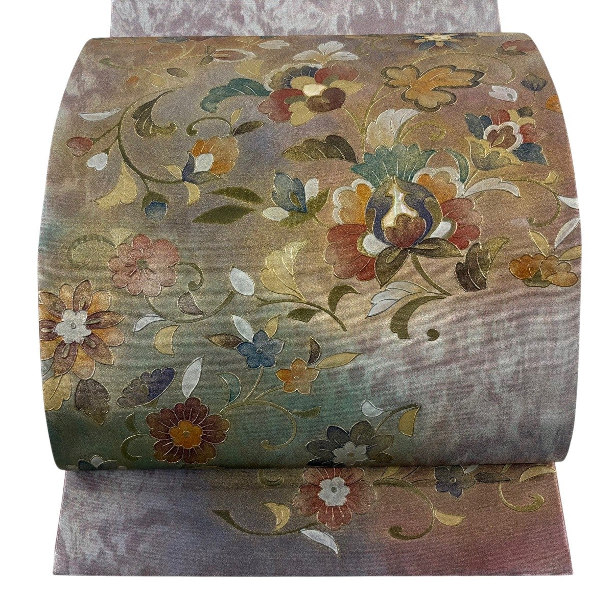 美品】 袋帯 名品 草花 螺鈿 金銀彩 灰紫 お太鼓柄 正絹｜中古・古着
