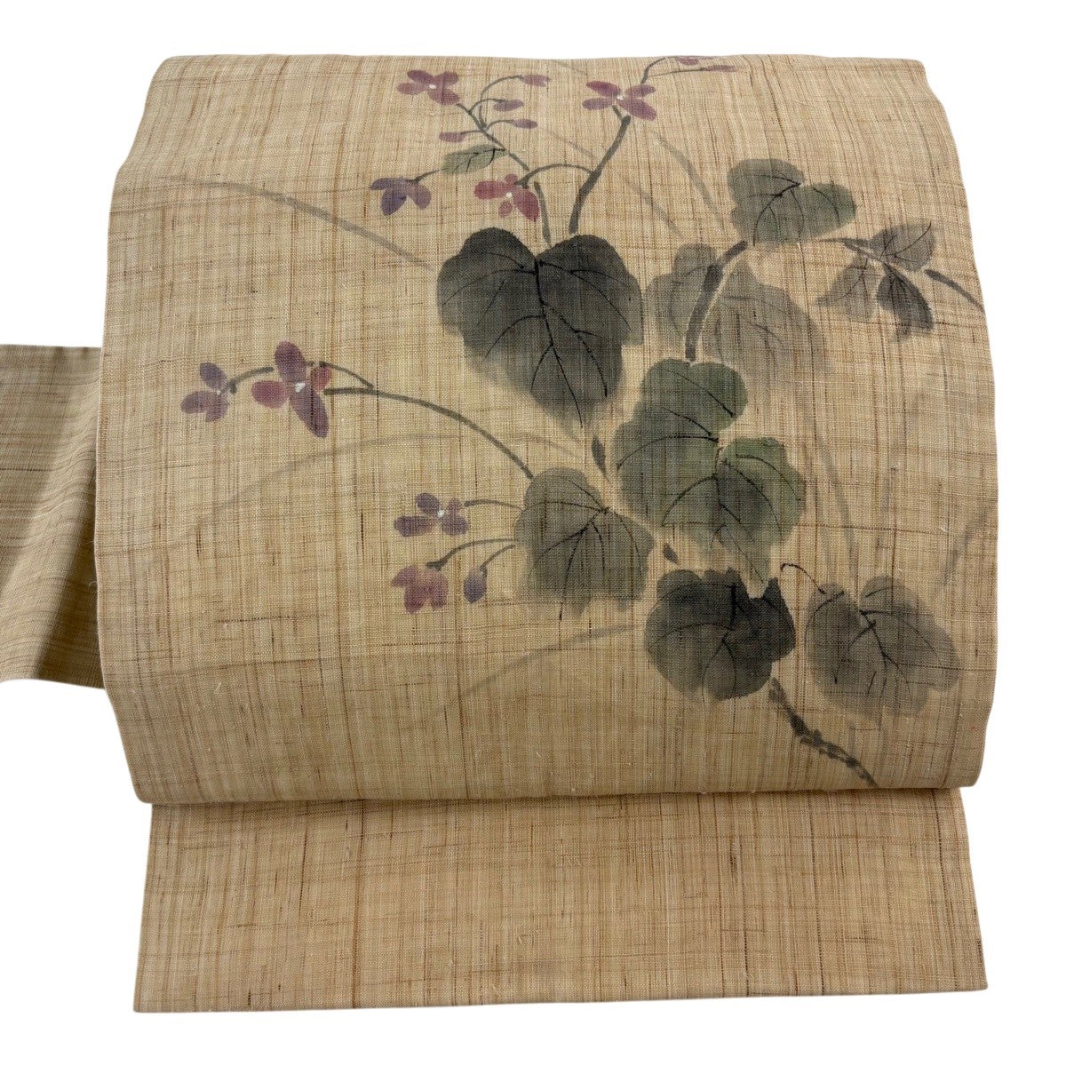 名古屋帯 名品 落款あり 夏帯 草花 トンボ 薄茶色 麻｜中古・古着