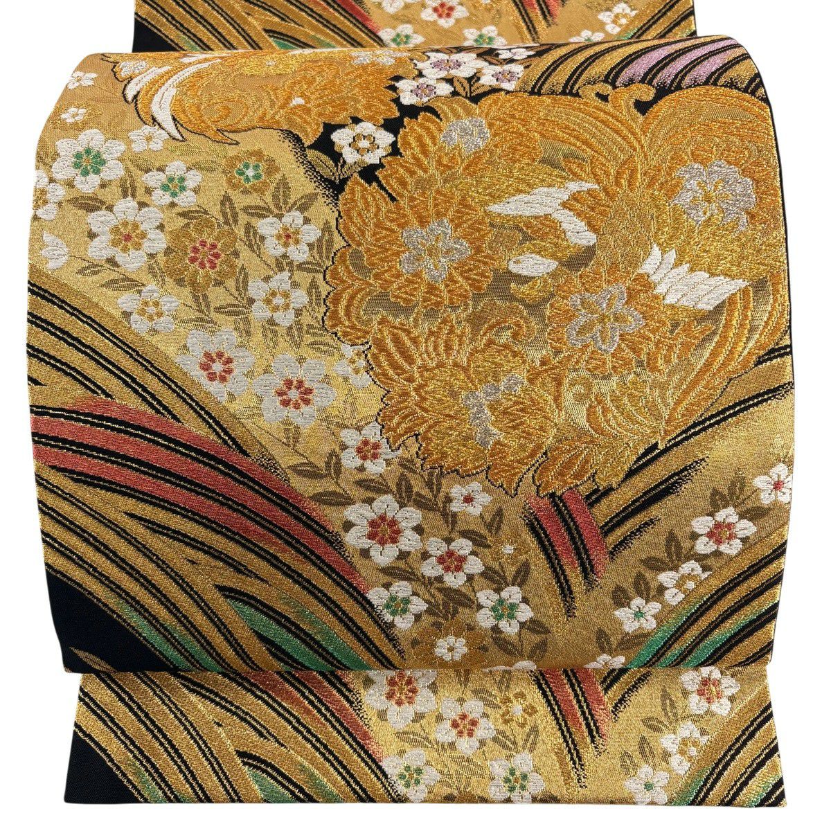 在庫一掃】 【美品】 袋帯 秀品 花鳥 波 箔 唐織 黒 六通 正絹｜中古