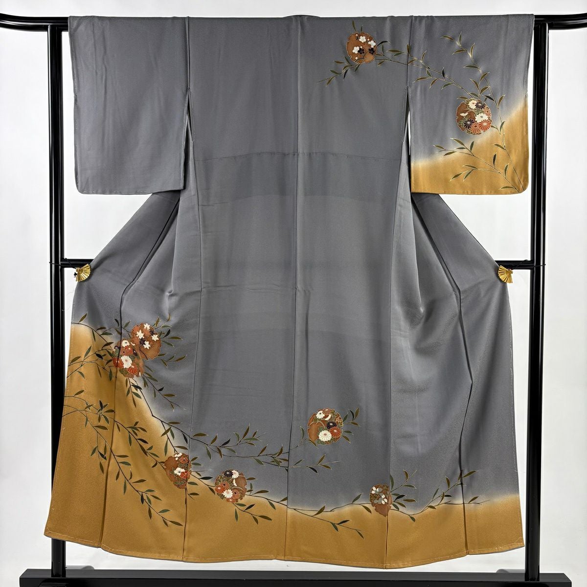 訪問着 身丈165cm 裄丈67cm M 袷 御所車 松竹梅 金彩 ぼかし 灰色 正絹