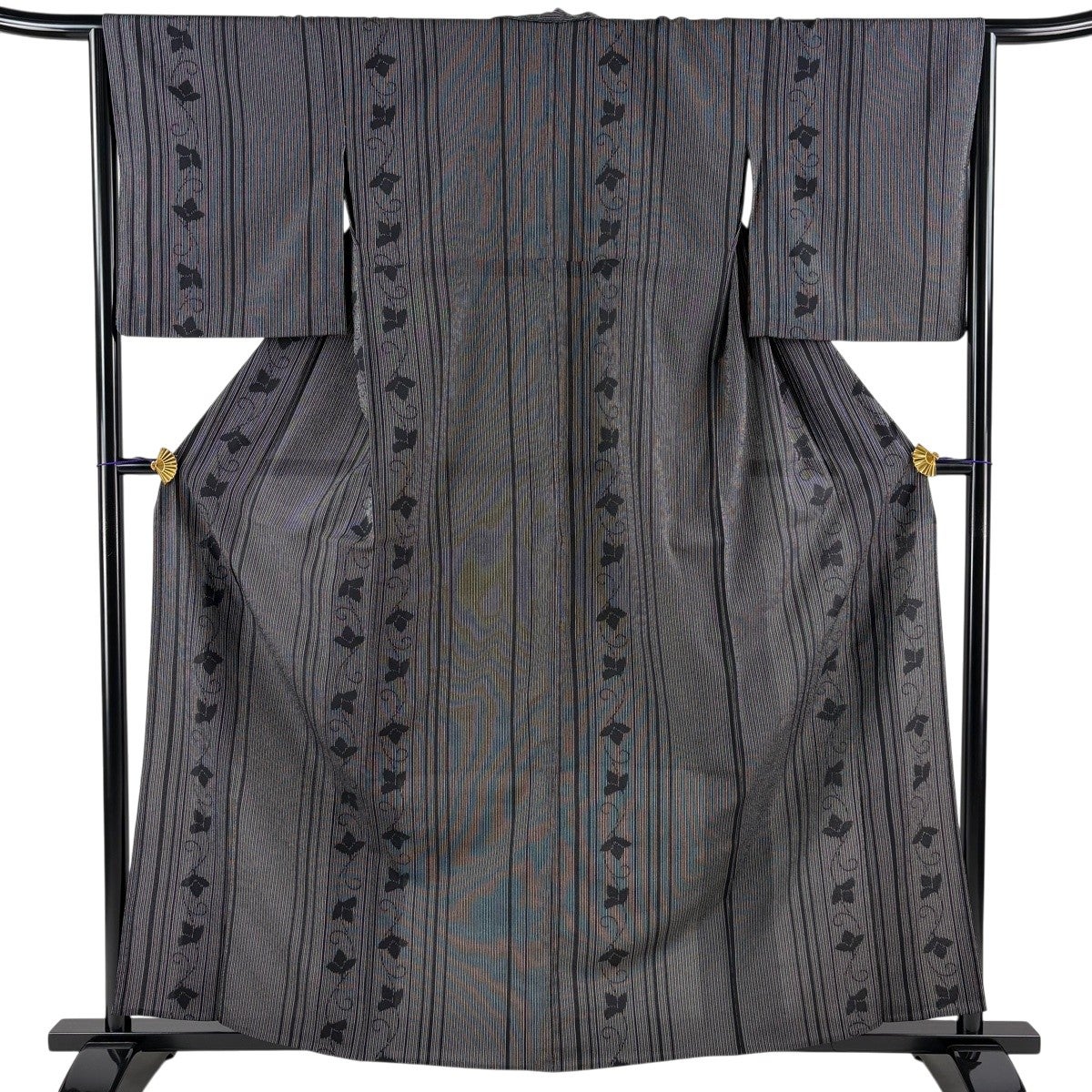 紬 身丈160cm 裄丈67.5cm L 単衣 花 幾何学模様 黒 正絹 優品｜中古