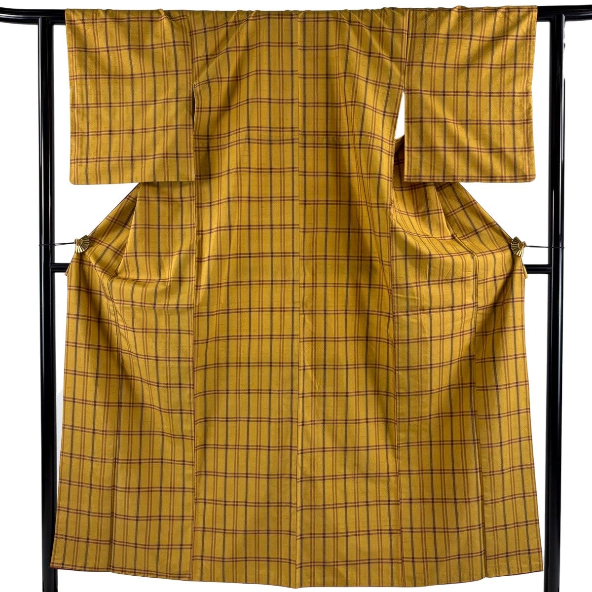 紬 身丈154.5cm 裄丈62cm S 袷 格子 山吹色 正絹 逸品｜中古・古着