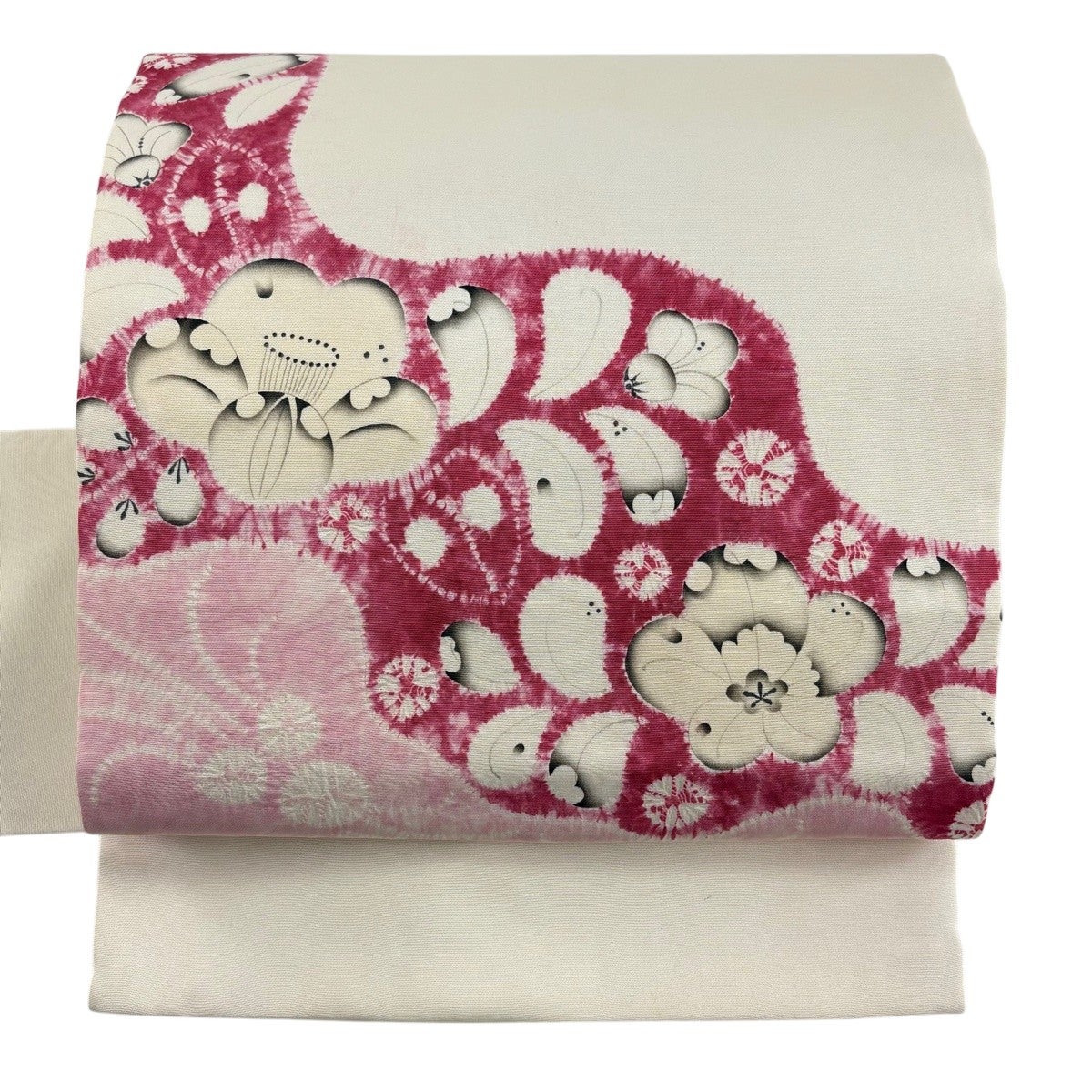 512mn127▲縮緬 椿 牡丹 辻が花 花 兎 九寸名古屋帯▲美品 名古屋帯 逸品 落款あり 福村廣利 辻が花柄 絞り クリーム 正絹｜中古