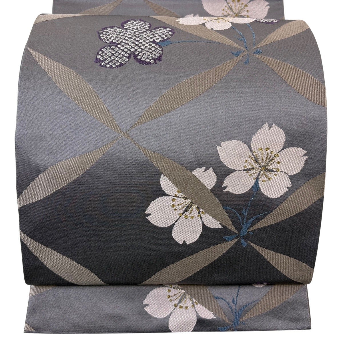美品】 袋帯 逸品 辻村ジュサブロー 落款あり 桜 疋田 金銀糸 灰紫 六