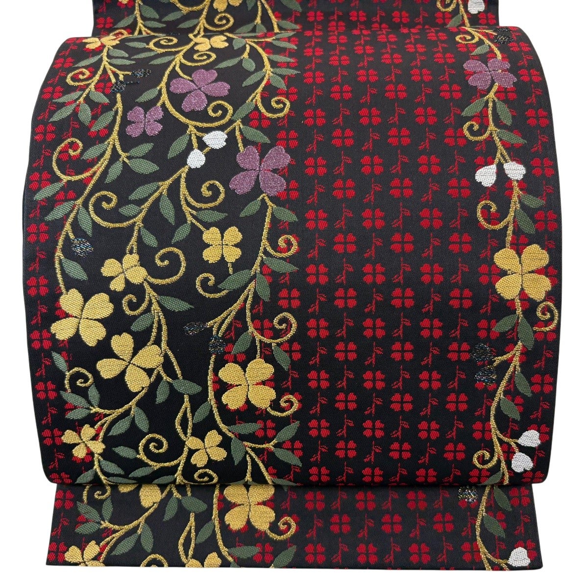 美品】 袋帯 逸品 花唐草 箔 金糸 墨色 全通 正絹｜中古・古着