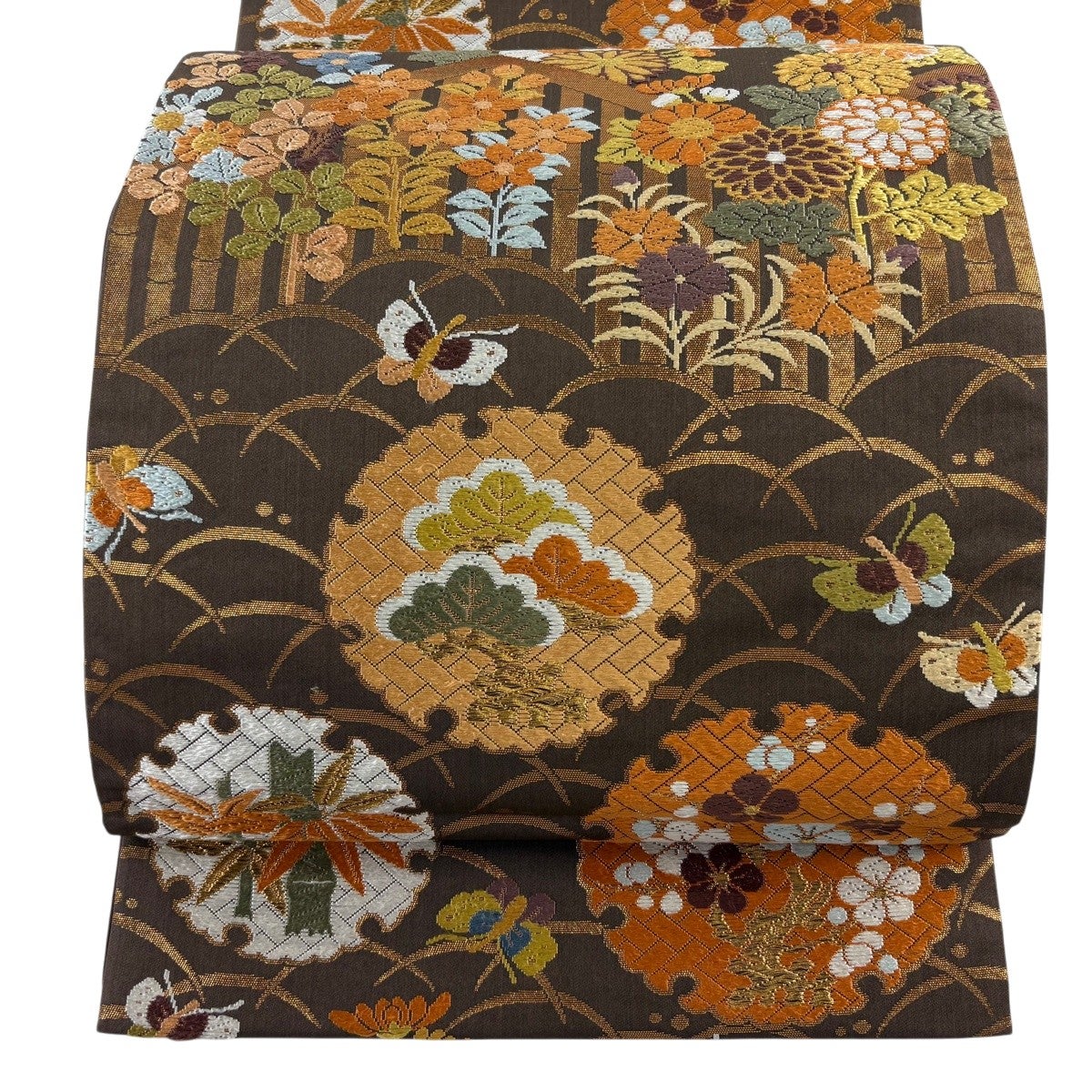 美品】 袋帯 逸品 河合美術織物 落款あり 花菱 斜め格子 金糸 箔