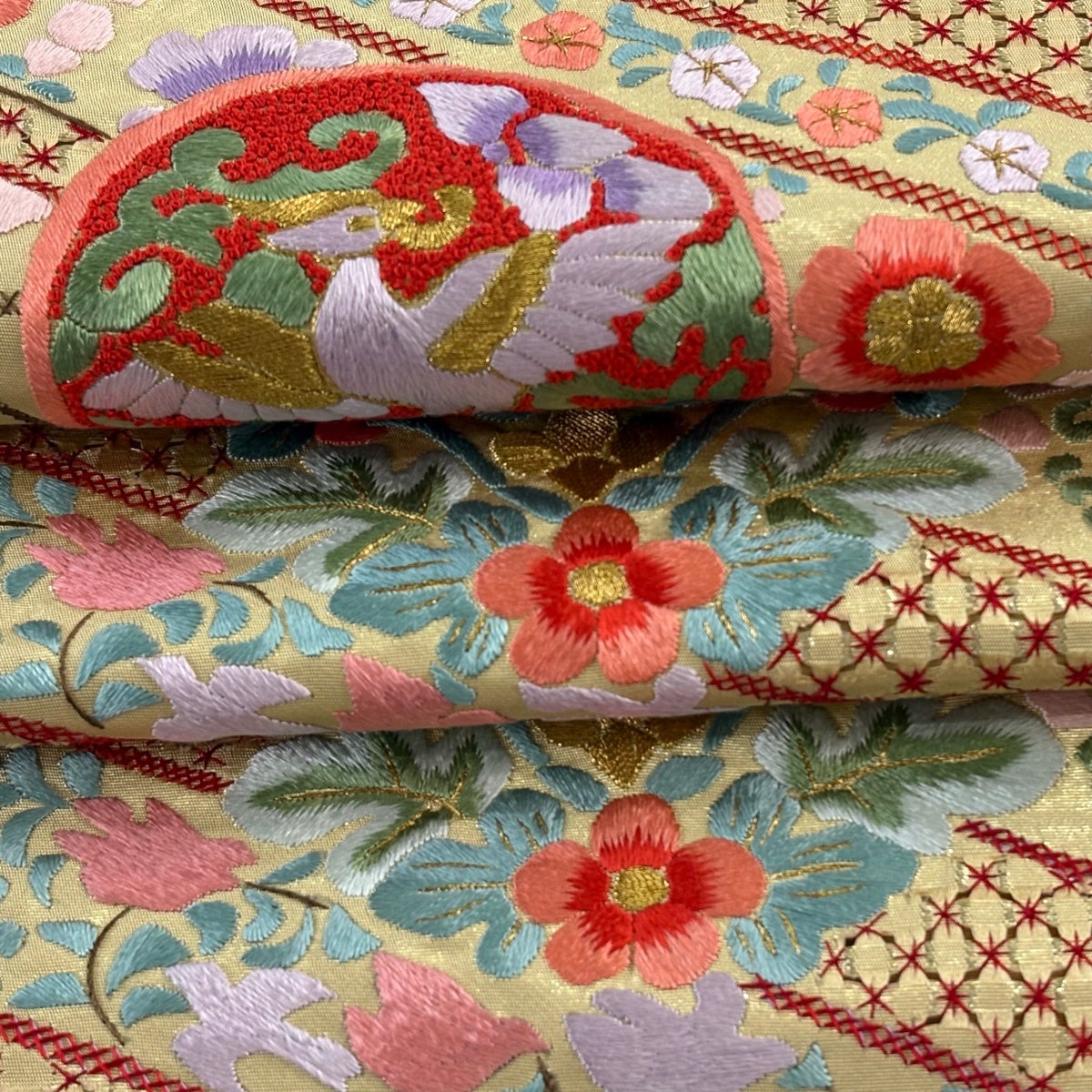 袋帯 逸品 華文 花鳥 刺繍 金銀糸 金色 六通 正絹｜中古・古着
