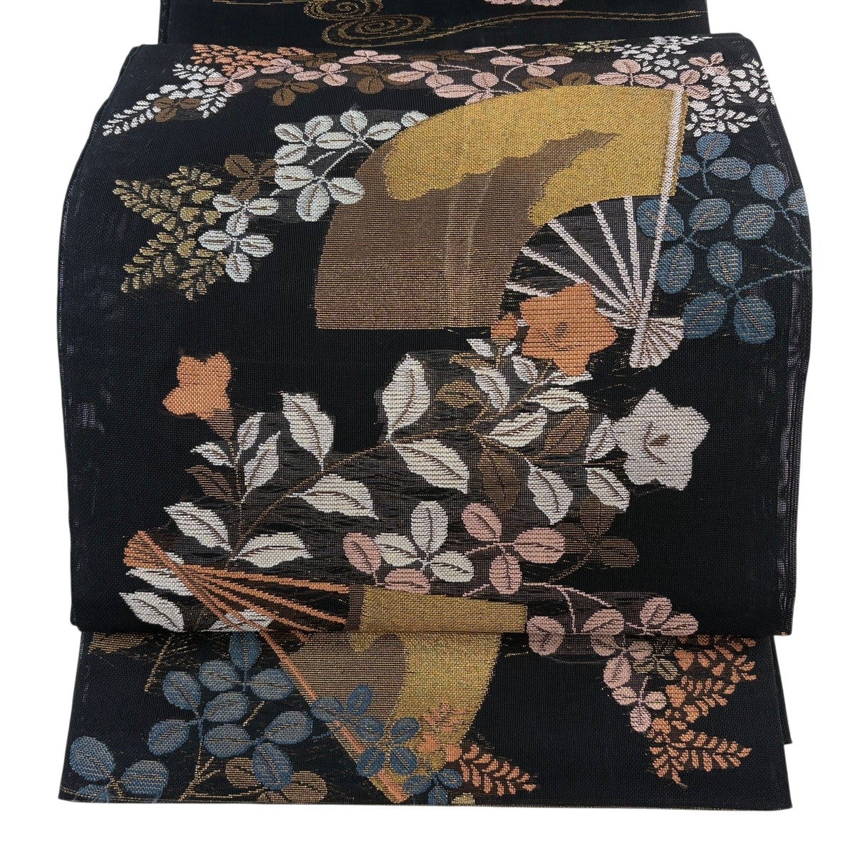 袋帯 逸品 夏帯 紗 扇 秋草 金糸 箔 黒 六通 正絹｜中古・古着