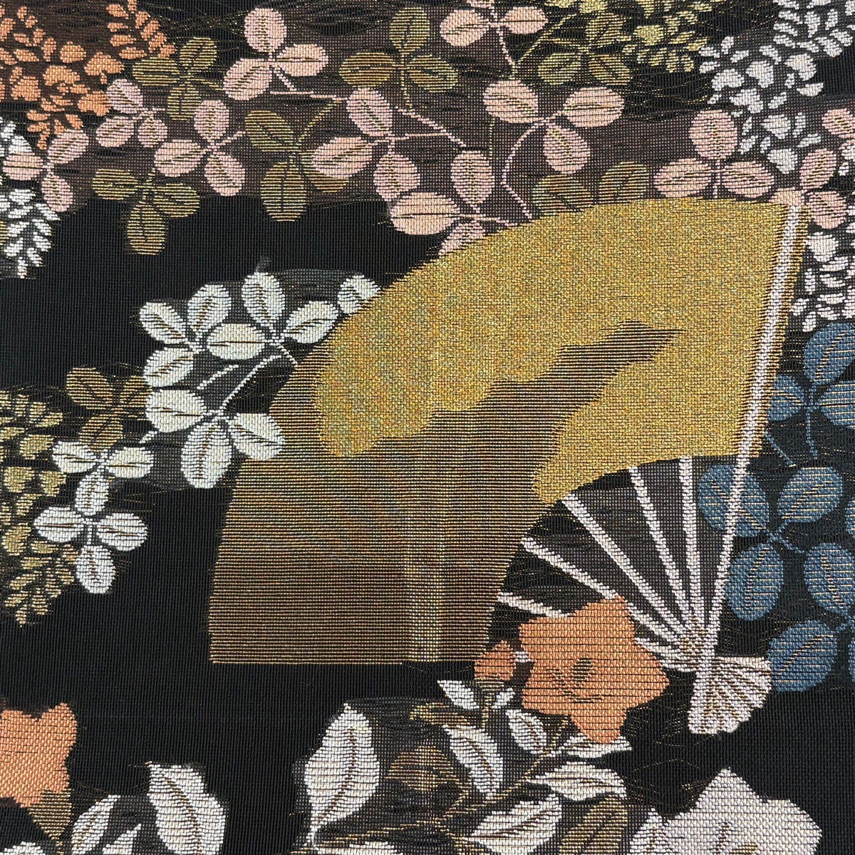 袋帯 逸品 夏帯 紗 扇 秋草 金糸 箔 黒 六通 正絹｜中古・古着