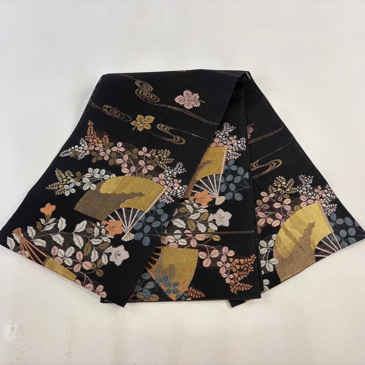 袋帯 逸品 夏帯 紗 扇 秋草 金糸 箔 黒 六通 正絹｜中古・古着