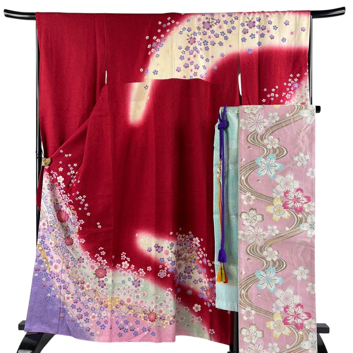 振袖 身丈163.5cm 裄丈66cm M 袷 袋帯フルセット 鈴 草花 金彩 ぼかし